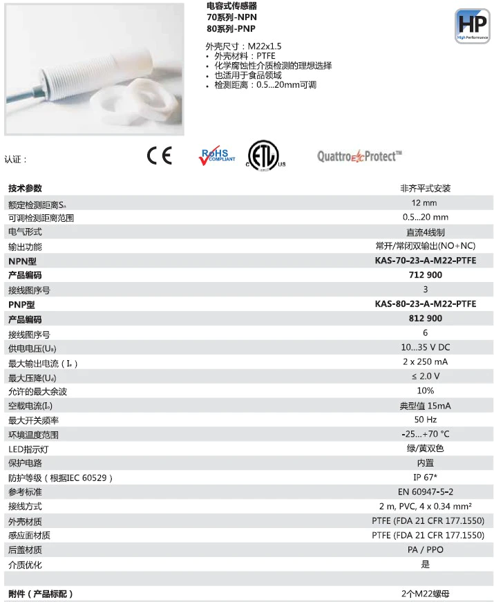 瑞奇能 KAS-70-23-A-M22-PTFE 产品编码：712900 电容式接近开关-产品手册