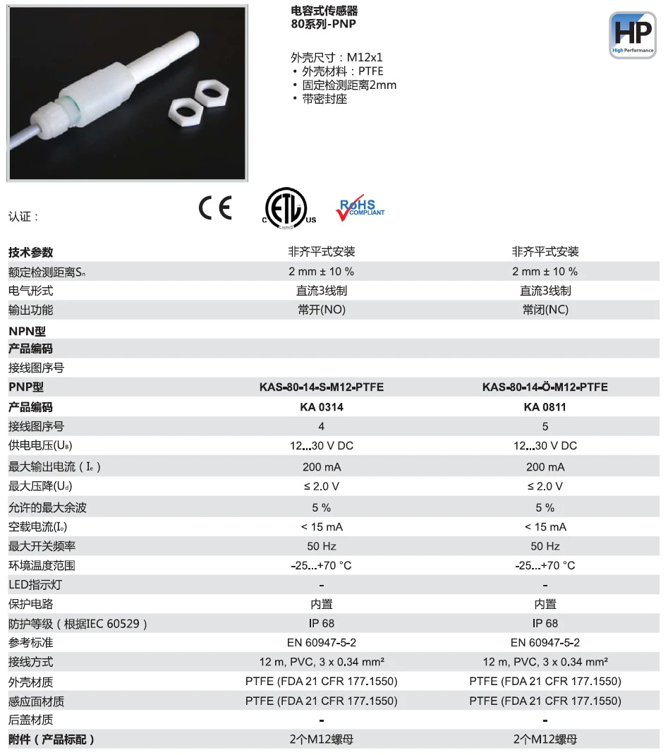 瑞奇能 KAS-80-14-S-M12-PTFE 产品编码：KA0811 电容式接近开关-产品手册