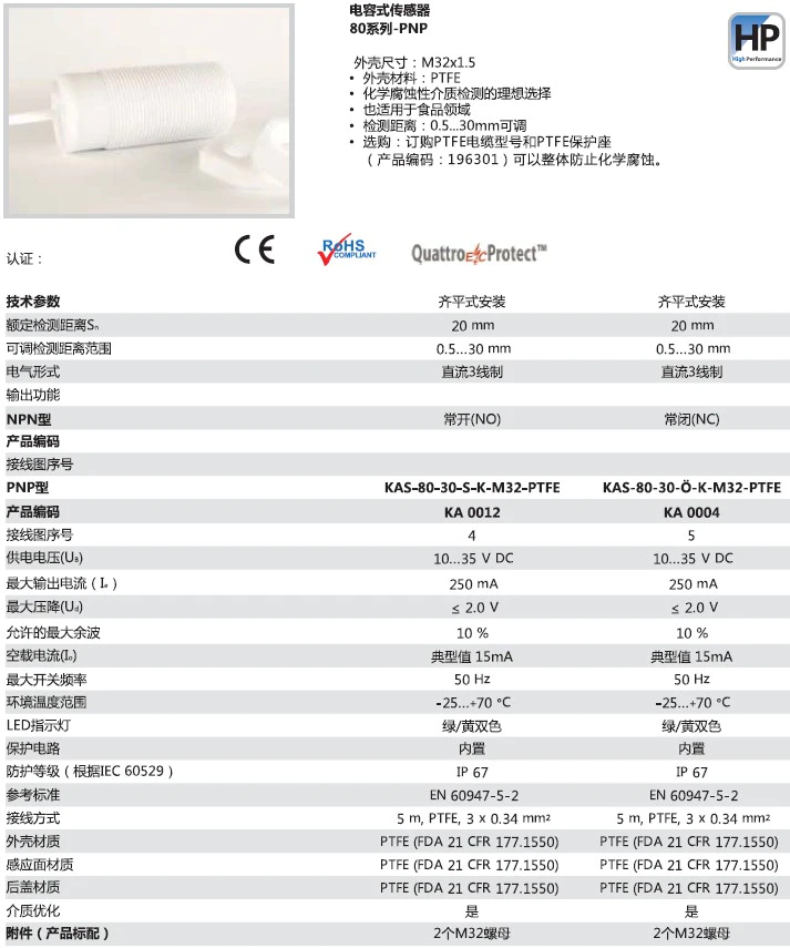 瑞奇能 KAS-80-30-O-K-M32-PTFE 产品编码：KA0004 电容式接近开关-产品手册