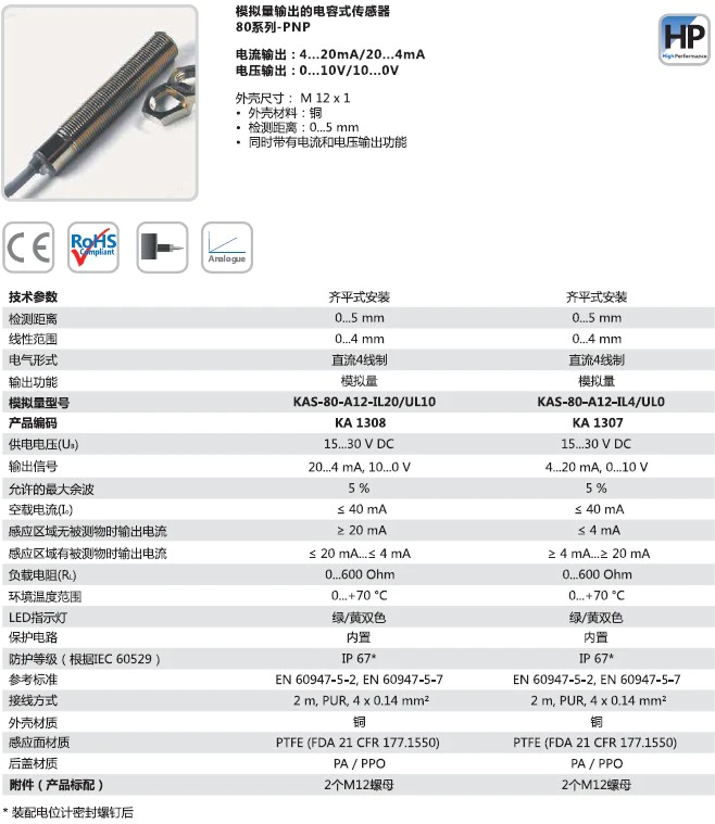 瑞奇能 KAS-80-A12-IL20/UL10 产品编码：KA1308 电容式接近开关-产品手册