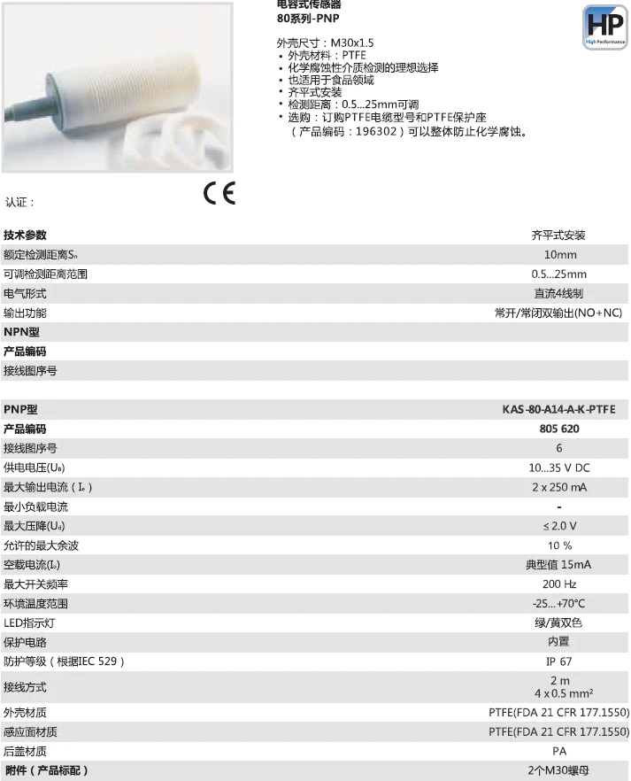 瑞奇能 KAS-80-A14-A-K-PTFE 产品编码：805620 电容式接近开关-产品手册