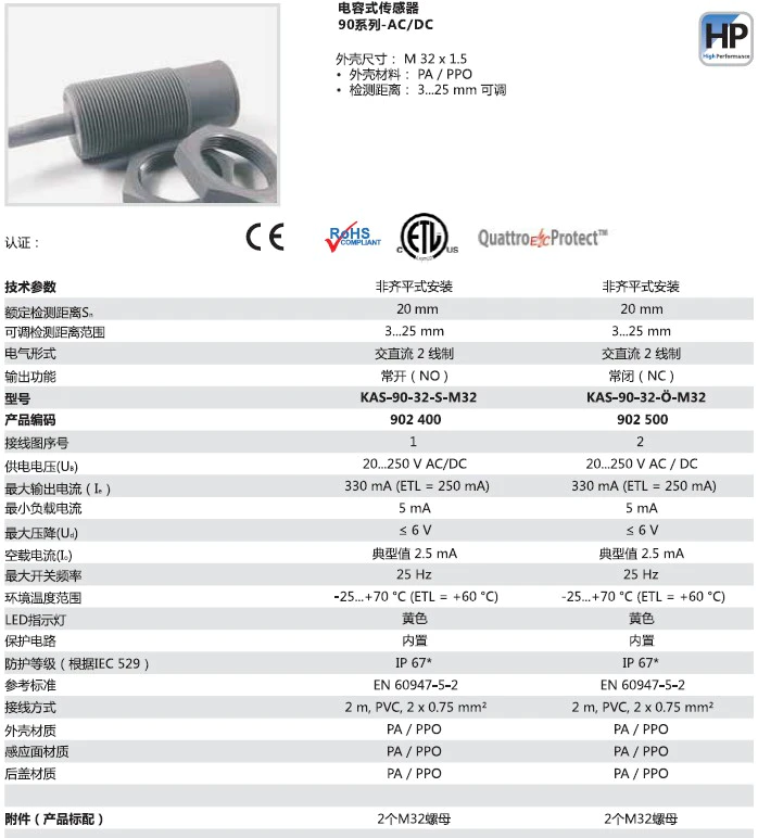 瑞奇能 KAS-90-32-S-M32 产品编码：902400 电容式接近开关-产品手册