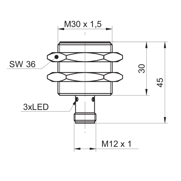 Baumer堡盟 IR30.P18S-F45.NV1Z.7BO 订购代码：11174008 电感式接近开关-尺寸图