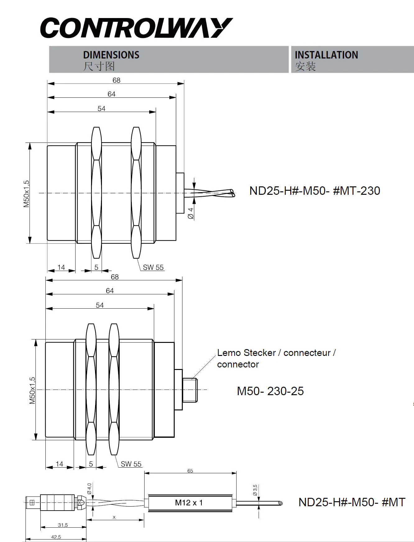 controlway科瑞 耐高温230&deg;C电感式接近开关传感器 M50-230-25/ND25-H1-M50-20MT-230 ND25-H3-M50-20MT-230 更多型号查看详情-尺寸图