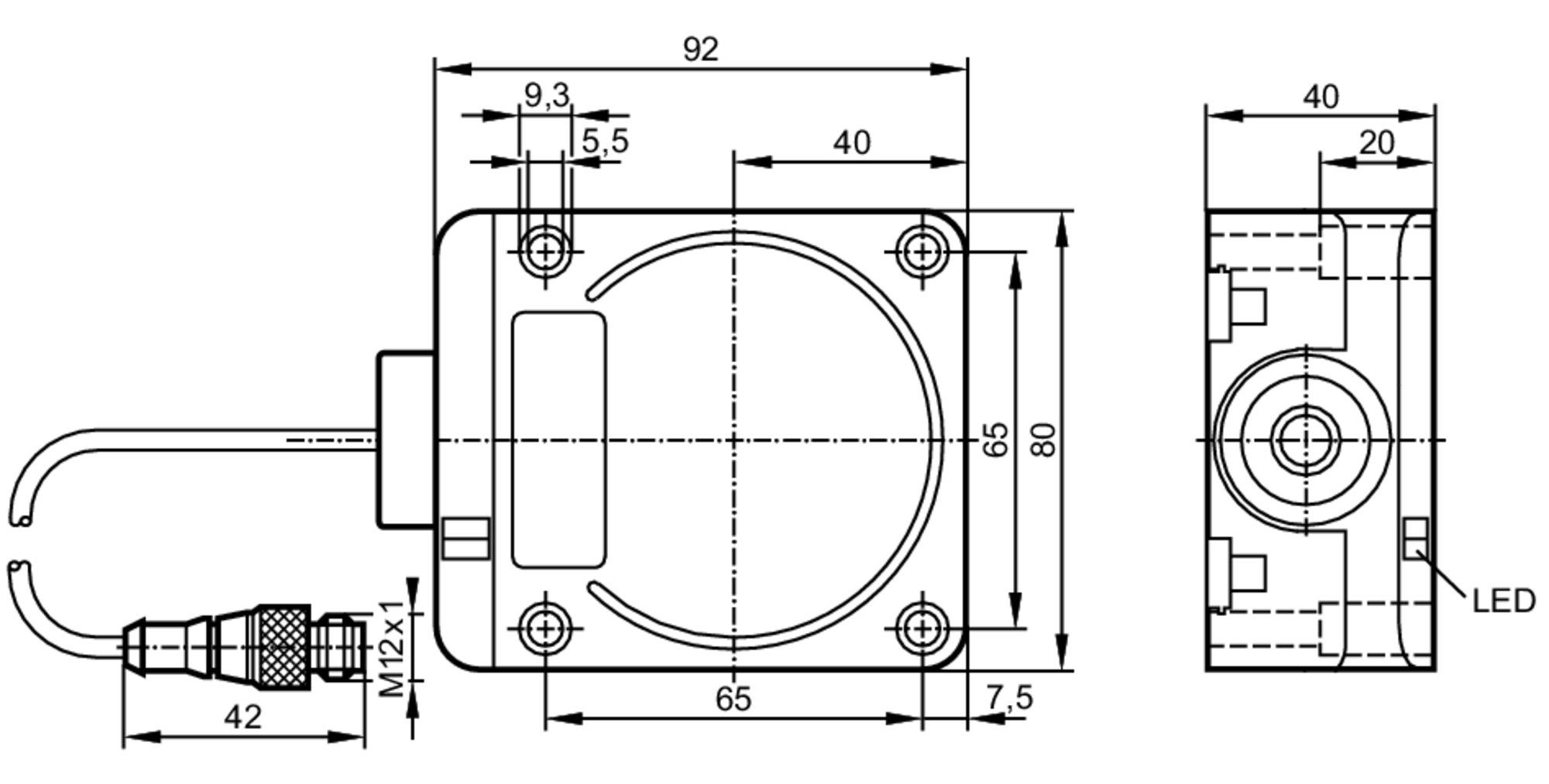 易福门电感式接近开关 ID9920 订货号：IDC2050BARKG/UP/0,80M/PUR/USRT-尺寸图