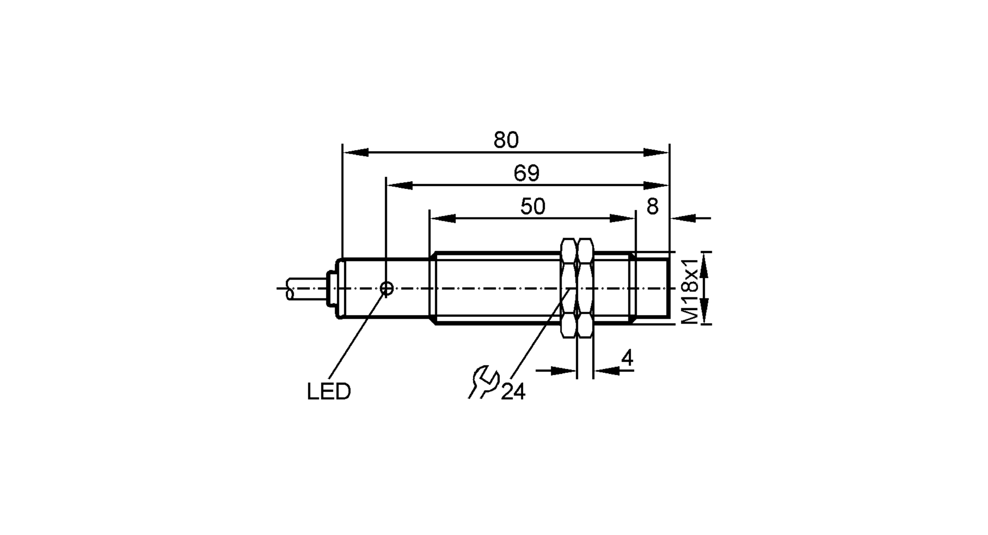 易福门电感式接近开关 IG6052 订货号：IGA3012-BNKG/0,1M/US100-DNO-尺寸图