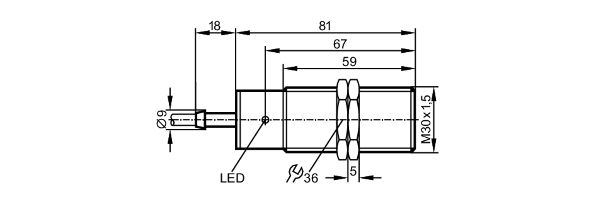 易福门电感式接近开关 II5300 订货号：II-3015-BPKG-尺寸图