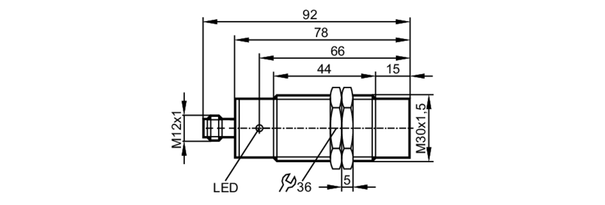 易福门电感式接近开关 II5441 订货号：IIA3015-BPKG/US-100-DPS-尺寸图