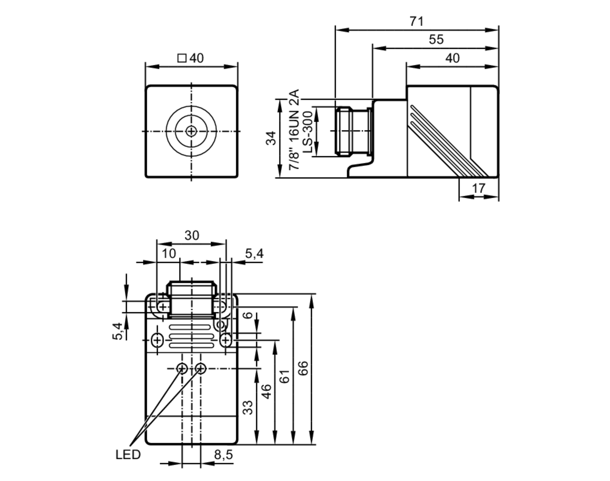易福门电感式接近开关 IM0056 订货号：IMC2020BARKA/LS-300BL       RT-尺寸图