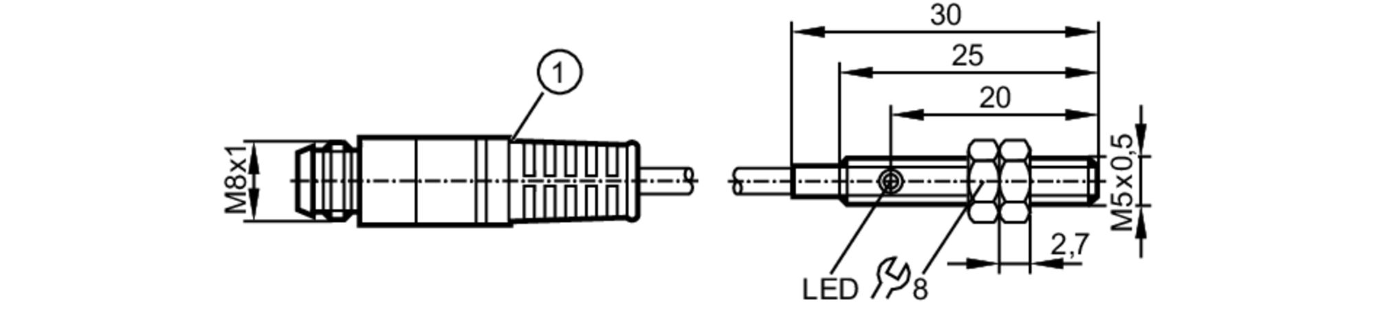 易福门电感式接近开关 IY5045 订货号：IYB30,8-BPKG/V2A/0,1M/AS-610-尺寸图