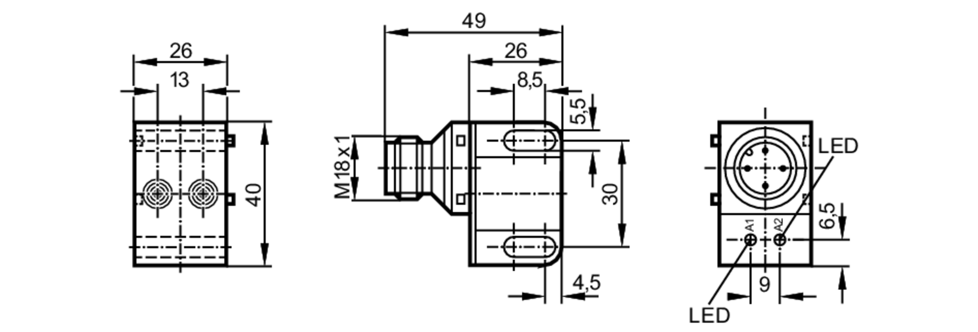 易福门电感式接近开关 NN5013 订货号：IND2004DN/BS-200-K/1D/1G/2G-尺寸图