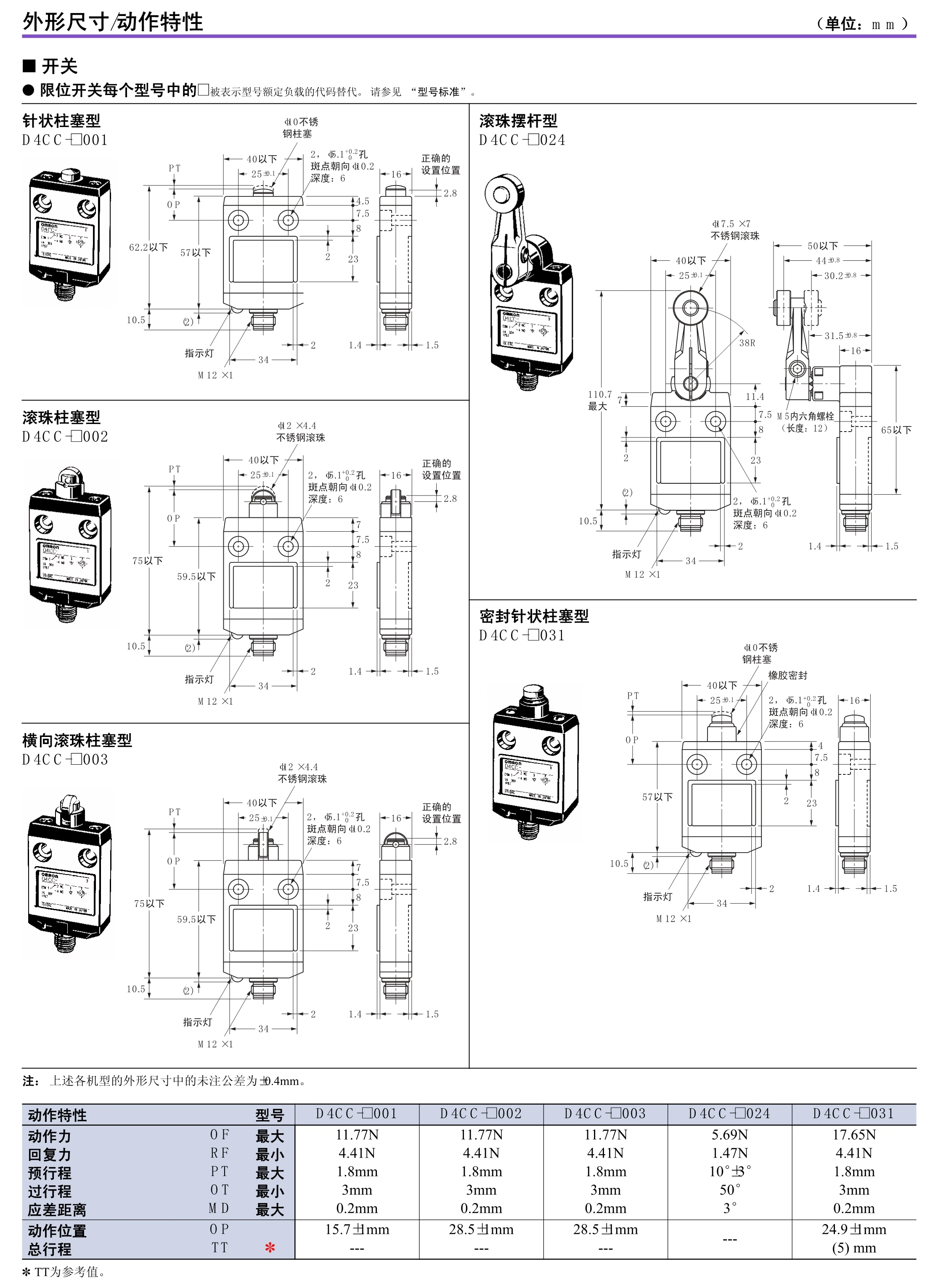 D4CC 微型限位开关 滚珠摆杆开关的型号仅16mm厚 （带接插件）-尺寸图
