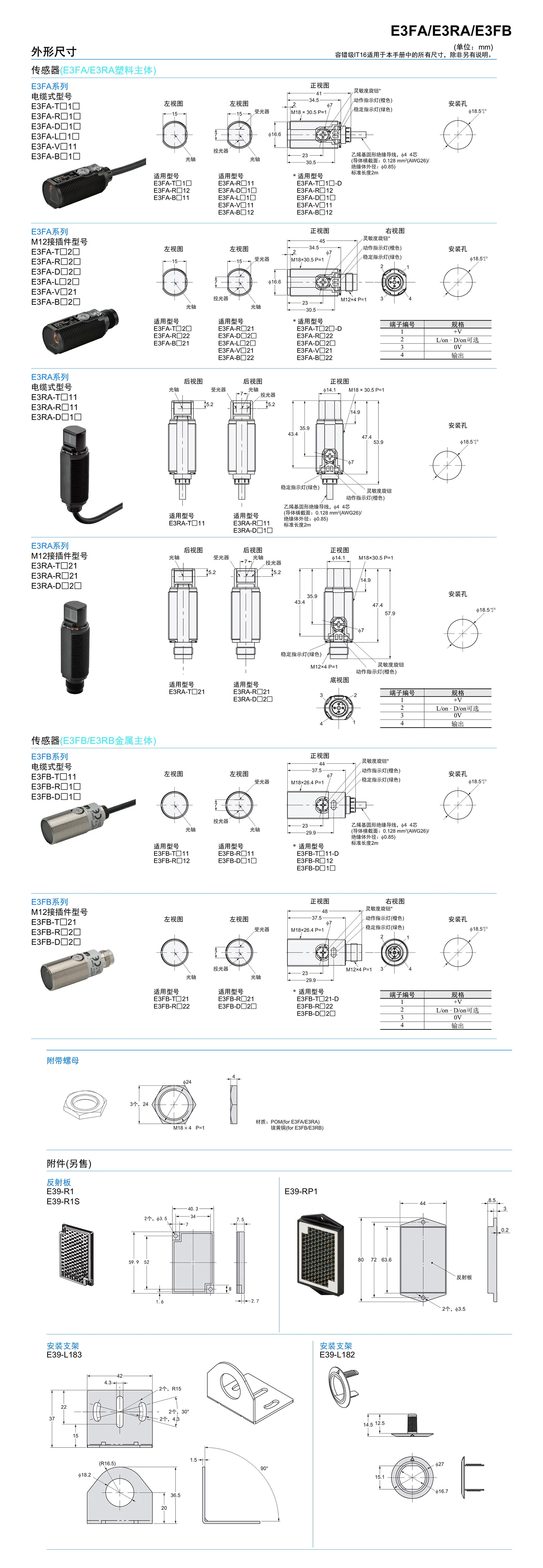 E3FA / E3RA / E3FB 圆柱型光电传感器 背景抑制 透明物体-尺寸图