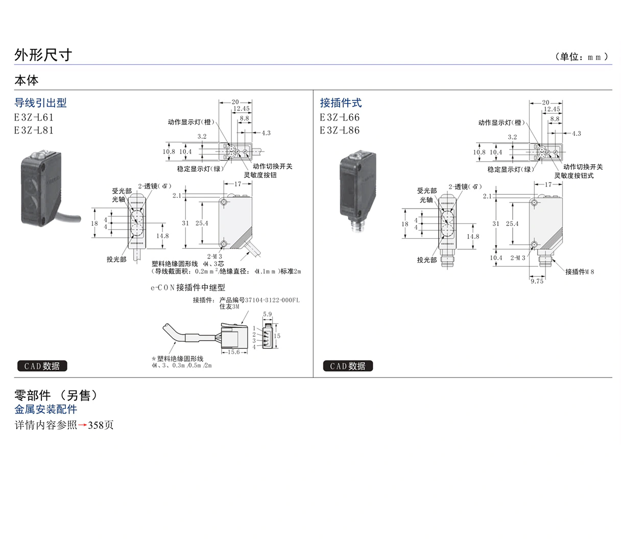 E3Z-L 放大器内置型光电开关（细小光束型）-尺寸图