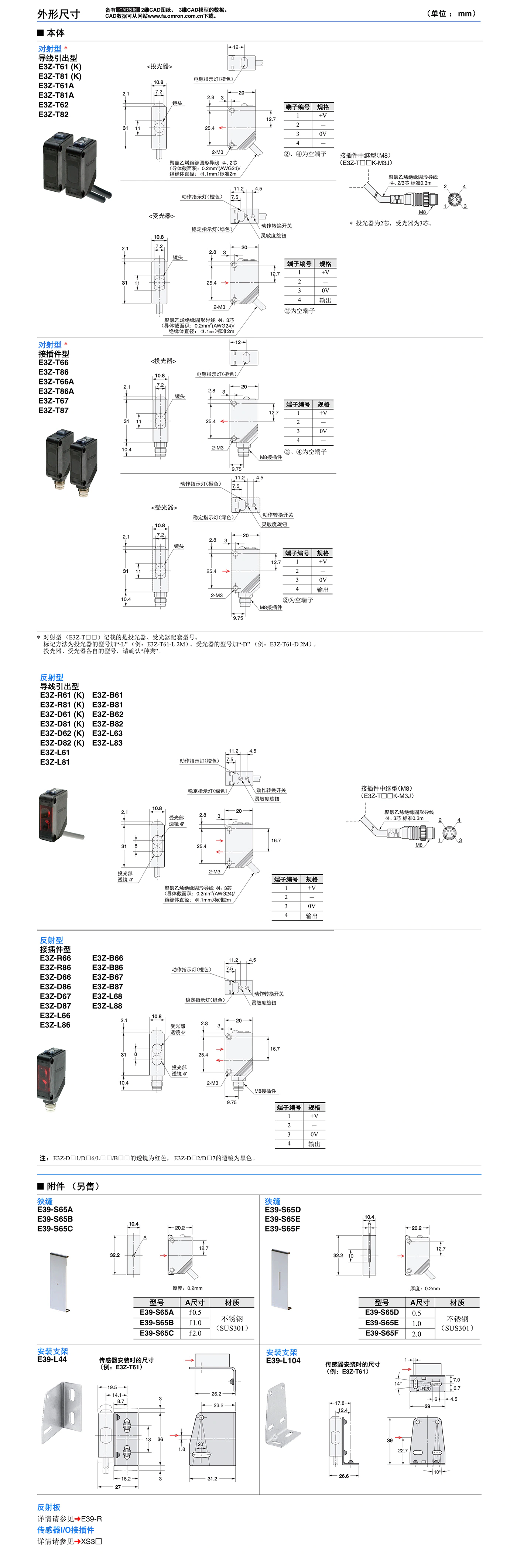 E3Z 内置小型放大器型光电传感器-尺寸图