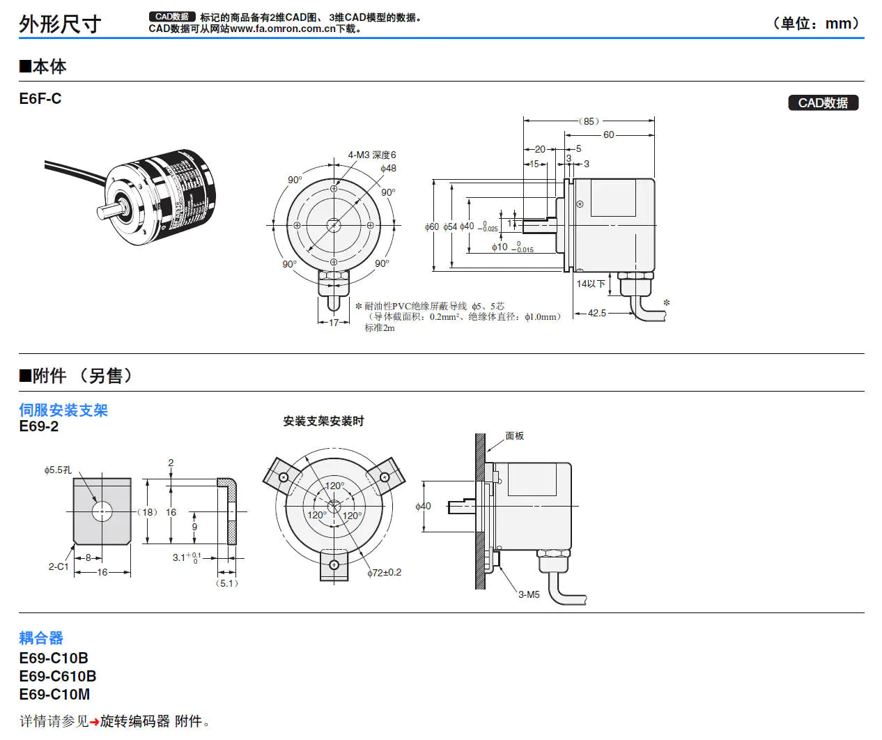 E6F-C 增量型 外径&phi;60 分辨率（最大）：1000-尺寸图