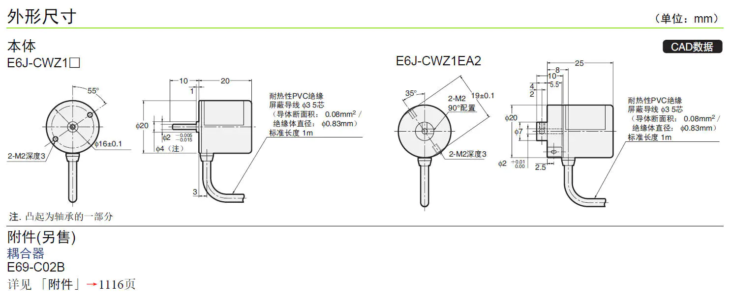 E6J-C 超小型旋转式编码器(外径&phi;20)&middot;增量型-尺寸图