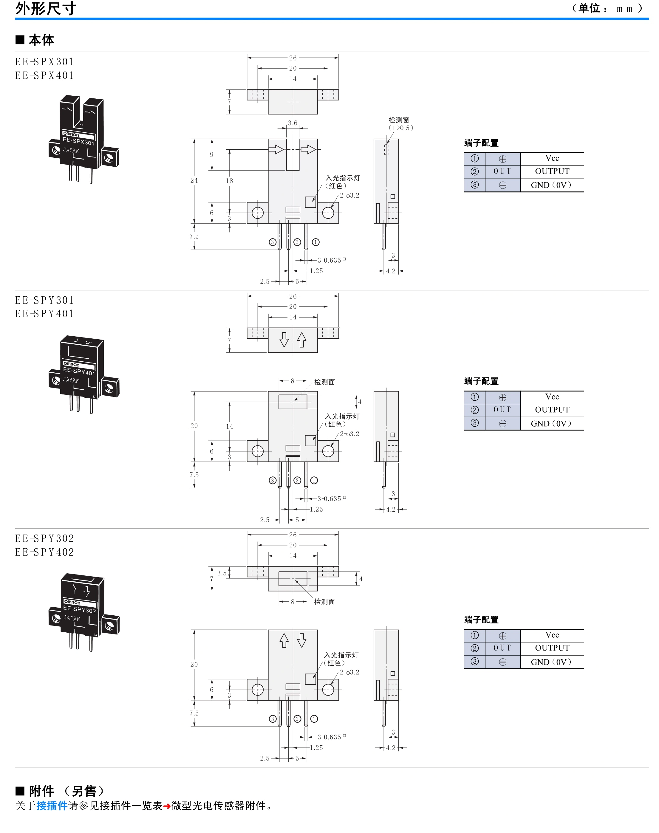 EE-SPX301 / 401, EE-SPY30 / 40 凹槽型&middot; 反射型接插件型-尺寸图