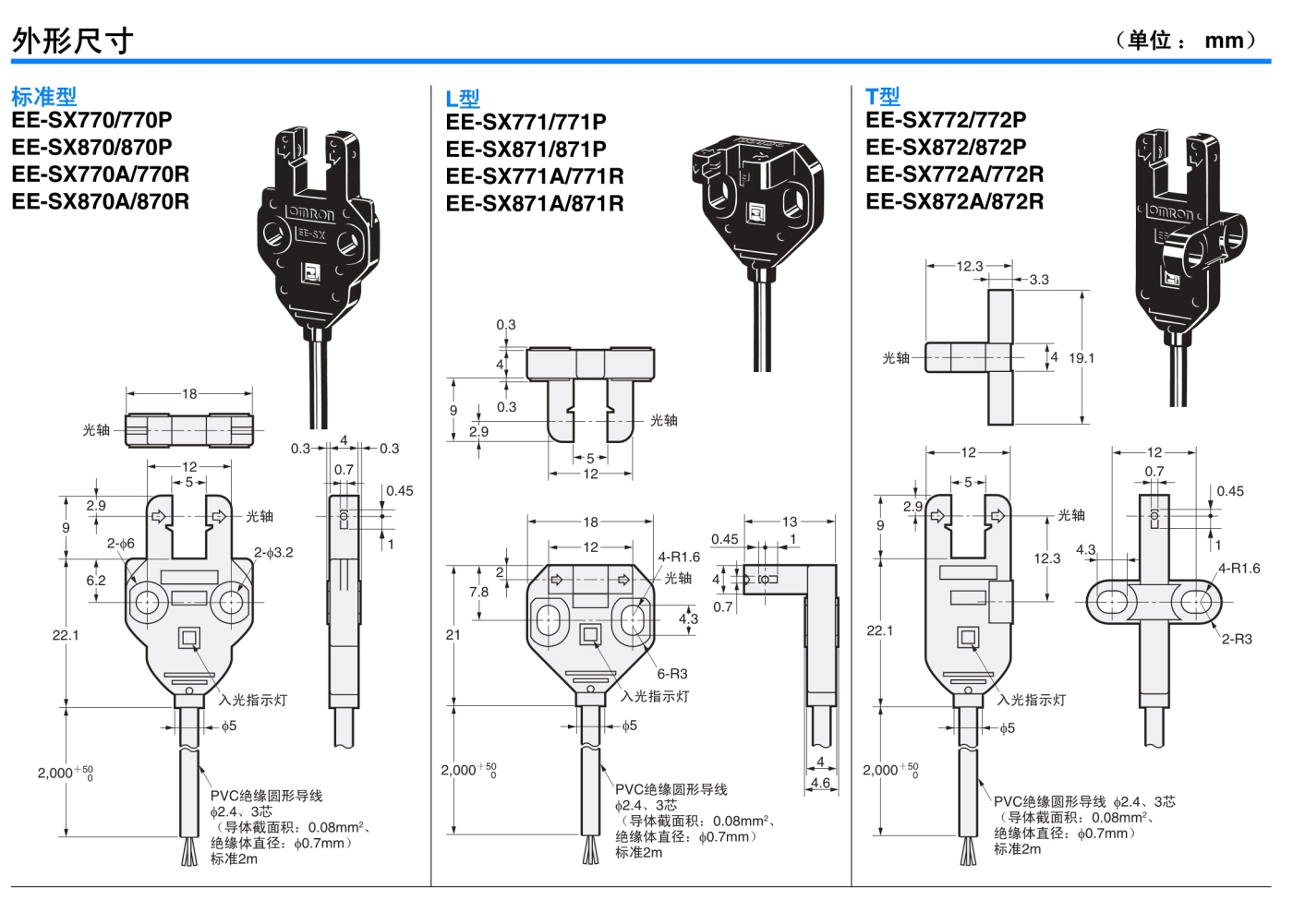 EE-SX77 / SX87 薄型导线引出型（直流光）-尺寸图